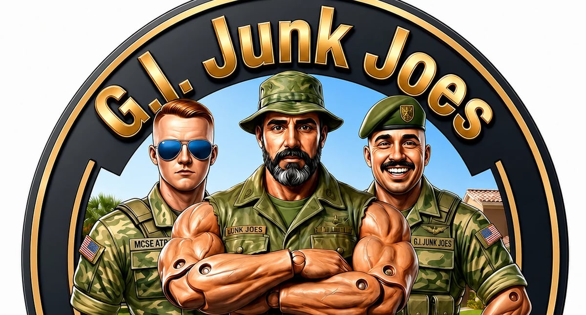 G.I. Junk Joes logo featuring three muscular men in military uniforms with arms crossed